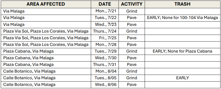 Terra Linda Trash Pickup Schedule Updated 7-18